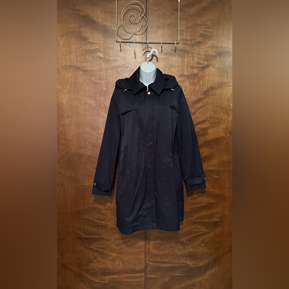 Antonio Melani Long Sleeve Hooded Rain Coat Womens L Navy Blue Zip Front Jacket